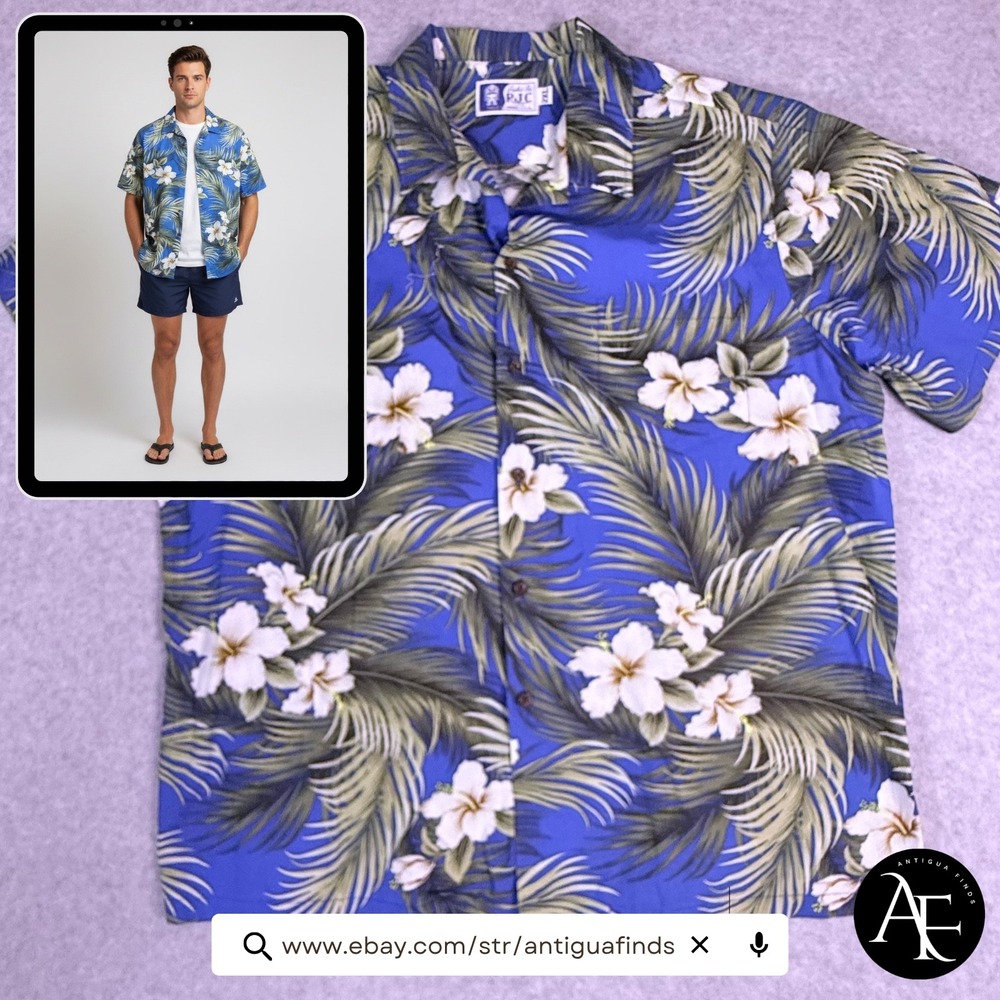 RJC Hawaiian Shirt‎ Mens 2XL Blue Tropical Hibiscus Palm Leaf Cotton Made in USA